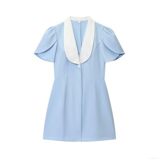 Women Elegant Light Blue Polyester Mini Dress Short Sleeve Contrast White Lapel Slim Fit Button Professional Office Commuter Bodycon Dress For Summer