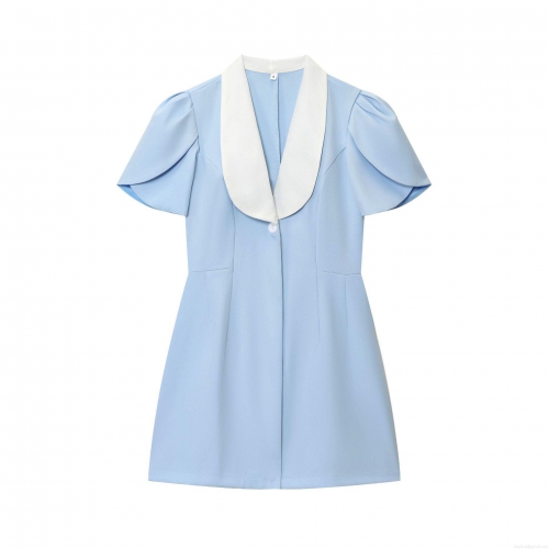 Women Elegant Light Blue Polyester Mini Dress Short Sleeve Contrast White Lapel Slim Fit Button Professional Office Commuter Bodycon Dress For Summer