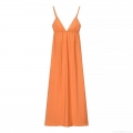 Elegant Orange Polyester Spaghetti Strap Dress For Women Summer V-Neck Backless Midi Maxi Dress Solid Color Sleeveless Flowy Beach Party Sundress