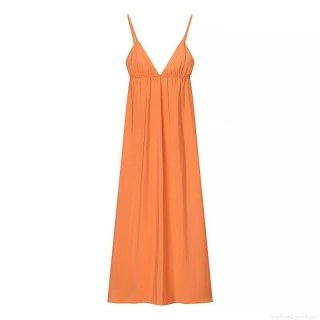 Elegant Orange Polyester Spaghetti Strap Dress For Women Summer V-Neck Backless Midi Maxi Dress Solid Color Sleeveless Flowy Beach Party Sundress