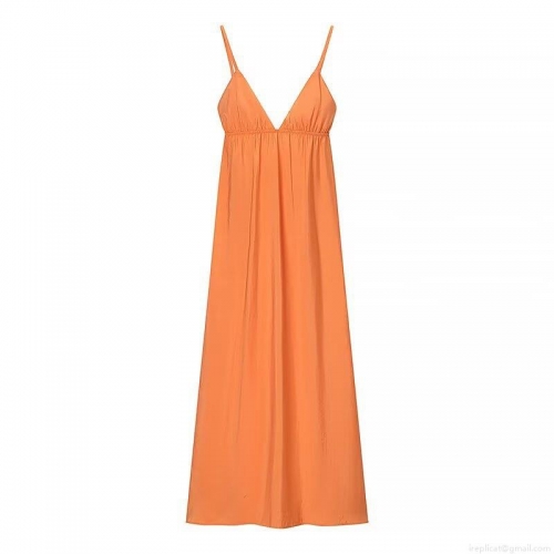 Elegant Orange Polyester Spaghetti Strap Dress For Women Summer V-Neck Backless Midi Maxi Dress Solid Color Sleeveless Flowy Beach Party Sundress