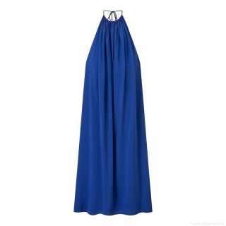 Elegant Royal Blue Halter Neck Maxi Dress For Women Backless Solid Color Polyester Draping Long Dress Party Vacation Evening Wear