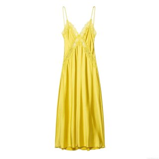 Women Sexy Yellow Lace Satin Maxi Cami Dress Elegant V-Neck Sleeveless Silk Texture Long Dress For Vacation Party Evening Wear