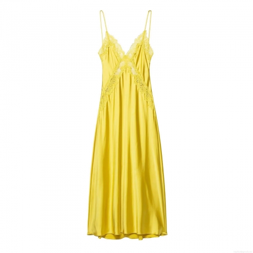 Women Sexy Yellow Lace Satin Maxi Cami Dress Elegant V-Neck Sleeveless Silk Texture Long Dress For Vacation Party Evening Wear