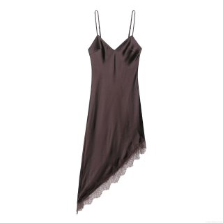 Women's Elegant Chocolate Brown Satin Lace Patchwork Camisole Maxi Dress Sexy V-Neck Asymmetric Hem Spaghetti Strap Silk-Like Party Dresses