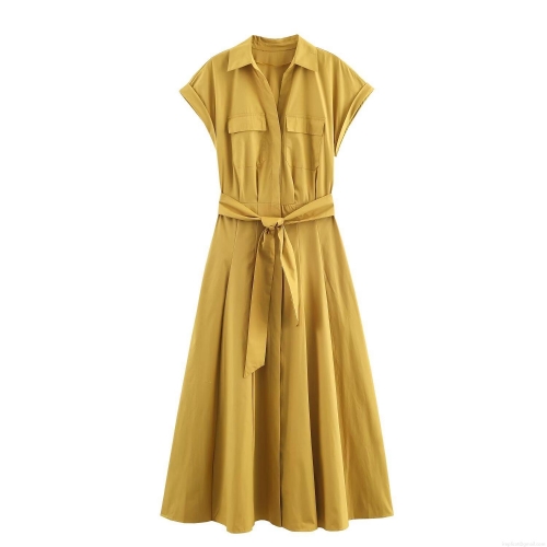 Women Elegant Poplin Midi Dress Sleeveless Shirt Collar Dress With Waist Tie Pockets Solid Ginger Yellow Fashionable Summer Dress For Women Office Party