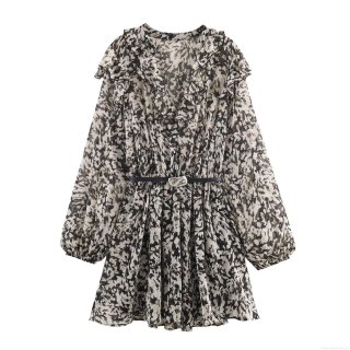 Women Elegant Abstract Print Mini Dress Chiffon Ruffle V-Neck Long Sleeve Belted A-Line Dress For Party Dating Office Daily Wear