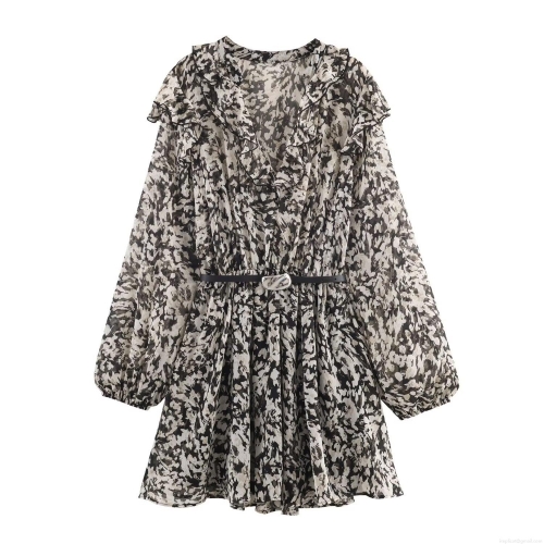 Women Elegant Abstract Print Mini Dress Chiffon Ruffle V-Neck Long Sleeve Belted A-Line Dress For Party Dating Office Daily Wear