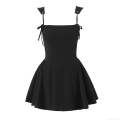 Women's Sexy French Style Backless Bandage Puffy Mini Dress Spaghetti Strap Polyester Spandex Bodycon Party Clubwear Sleeveless Black Sundress