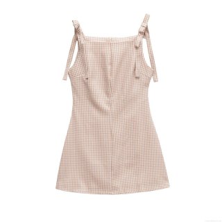 Women's Elegant Plaid Cami Dress With Bowknot Shoulder Straps Slim Fit A-Line Gingham Mini Dress Back Zipper For Summer Party Vacation