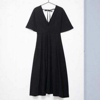 Women's Elegant V Neck Short Sleeve Midi Dress Solid Color Polyester Fabric High Waist Pleated A-Line Dress With Back Tie Bow For Summer Party Daily Wear