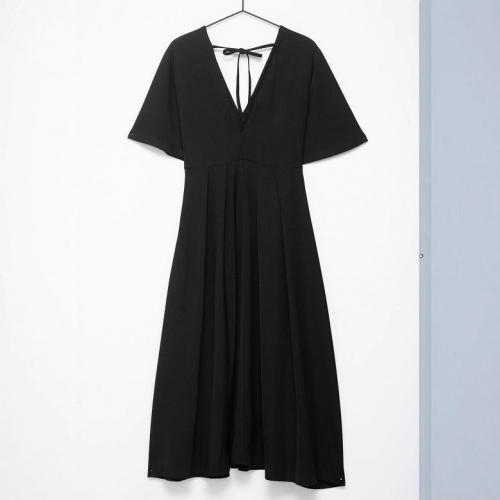 Women's Elegant V Neck Short Sleeve Midi Dress Solid Color Polyester Fabric High Waist Pleated A-Line Dress With Back Tie Bow For Summer Party Daily Wear