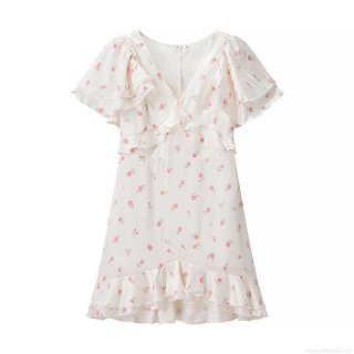 Women's Sweet Floral Print Mini Dress Elegant V-Neck Ruffle Short Sleeve Polyester Rose Pattern Summer Short Dress Casual Fashion Sundress