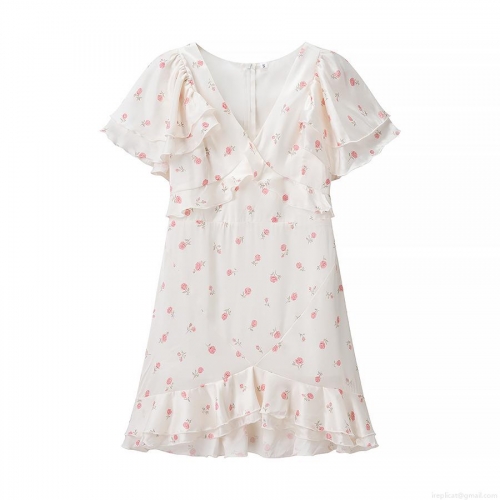 Women's Sweet Floral Print Mini Dress Elegant V-Neck Ruffle Short Sleeve Polyester Rose Pattern Summer Short Dress Casual Fashion Sundress