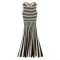 Women's Elegant Sleeveless Stripe Knit Midi Dress Round Neck Slim Fit Polyester Patchwork Tank Dress For Summer Party Daily Dating