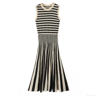 Women's Elegant Sleeveless Stripe Knit Midi Dress Round Neck Slim Fit Polyester Patchwork Tank Dress For Summer Party Daily Dating