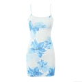 Women Sexy Mesh Floral Mini Dress With Lace Trim Blue White Lily Print Adjustable Spaghetti Straps Slim Fit Bodycon Dress For Summer Vacation Party Ladies