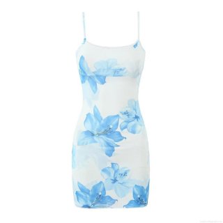 Women Sexy Mesh Floral Mini Dress With Lace Trim Blue White Lily Print Adjustable Spaghetti Straps Slim Fit Bodycon Dress For Summer Vacation Party Ladies