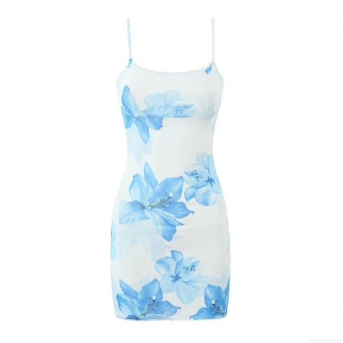 Women Sexy Mesh Floral Mini Dress With Lace Trim Blue White Lily Print Adjustable Spaghetti Straps Slim Fit Bodycon Dress For Summer Vacation Party Ladies