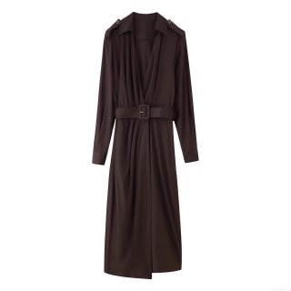 Elegant Women Solid Coffee Shirt Collar Long Sleeve Maxi Dress With Belt Epaulettes Polyester High Quality Office Party Swing Dress Chic Ladies Outfit