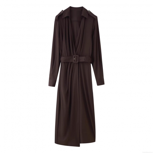 Elegant Women Solid Coffee Shirt Collar Long Sleeve Maxi Dress With Belt Epaulettes Polyester High Quality Office Party Swing Dress Chic Ladies Outfit