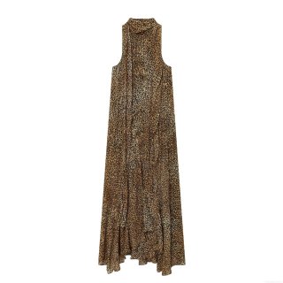 Sexy Leopard Print Halter Neck Maxi Dress Women Sleeveless Polyester Chiffon Backless Long Party Dress For Summer Vacation Sundress