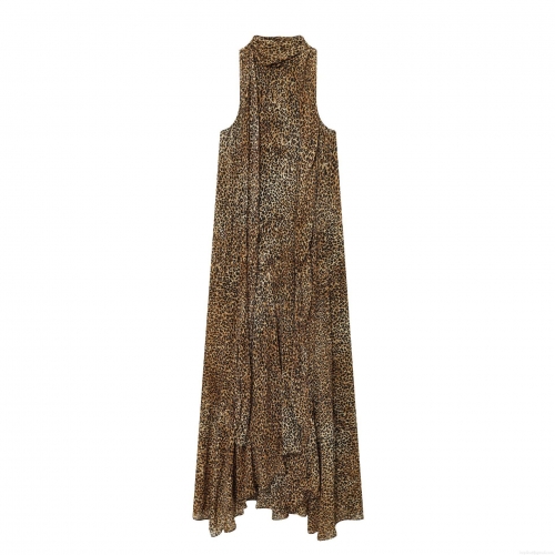 Sexy Leopard Print Halter Neck Maxi Dress Women Sleeveless Polyester Chiffon Backless Long Party Dress For Summer Vacation Sundress