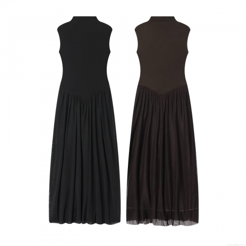 Women Elegant Mesh Patchwork Sleeveless Maxi Dress Semi High Neck Ruffled Tulle Long Dress For Summer Vacation Party Evening Wear