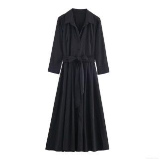 Women's Elegant Solid Black Long Sleeve Shirt Midi Dress With Bow Tie Waist Full Swing Skirt Office Lady Polyester Dress