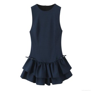 Women's Plaid Sleeveless Mini Dress Elegant Tiered Layered Hem Round Neck Back Zipper Metal Buckle Polyester Short Tank Dress For Party Casual