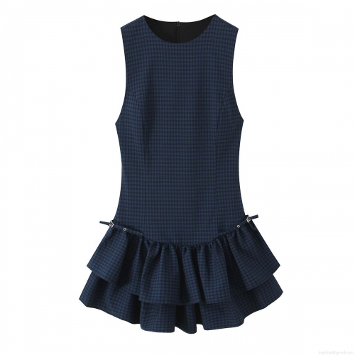 Women's Plaid Sleeveless Mini Dress Elegant Tiered Layered Hem Round Neck Back Zipper Metal Buckle Polyester Short Tank Dress For Party Casual