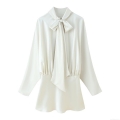 Elegant Ivory White Satin Mini Dress for Women Long Sleeve Bow Tie Cowl Neck Ruched Bodycon Party Evening Dress Luxury Silk Feel Socialite Short Dress