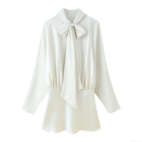 Elegant Ivory White Satin Mini Dress for Women Long Sleeve Bow Tie Cowl Neck Ruched Bodycon Party Evening Dress Luxury Silk Feel Socialite Short Dress