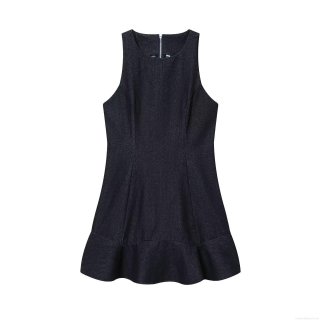 Women Fashion Denim Style Sleeveless Mini Dress Elegant Round Neck Ruffle Hem Layered Decoration Back Zipper Tiered Bodycon Sun Dress Deep Blue