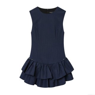 Women's Vintage Plaid Sleeveless Mini Dress Round Neck Polyester Blend Double Tiered Ruffle Hem Dress With Metal Buckles Elegant Sleeveless Plaid Dress For Casual Party