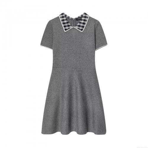 Women's Elegant Knit Short Sleeve Dress With Checkered Peter Pan Collar Vintage A-Line Casual Mini Dress For Party Daily Wear
