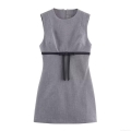 Fashion Sleeveless Round Neck Slim Fit Polyester Mini Dress With Black Bow Knot Decor Elegant Grey Bodycon Party Evening Short Dress For Women