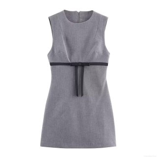 Fashion Sleeveless Round Neck Slim Fit Polyester Mini Dress With Black Bow Knot Decor Elegant Grey Bodycon Party Evening Short Dress For Women