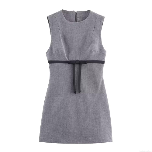 Fashion Sleeveless Round Neck Slim Fit Polyester Mini Dress With Black Bow Knot Decor Elegant Grey Bodycon Party Evening Short Dress For Women