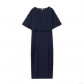 Women Elegant Navy Blue Short Sleeve Midi Dress Round Neck Pleated High Waist Polyester Dress With Back Invisible Zipper For Summer Party Dating