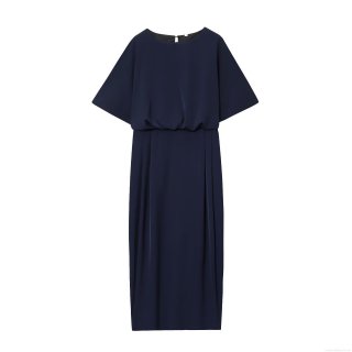 Women Elegant Navy Blue Short Sleeve Midi Dress Round Neck Pleated High Waist Polyester Dress With Back Invisible Zipper For Summer Party Dating
