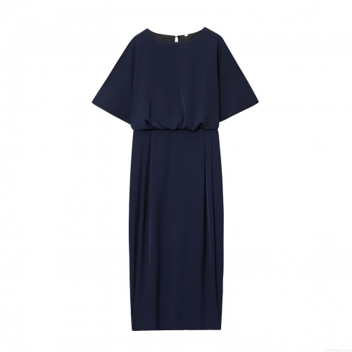 Women Elegant Navy Blue Short Sleeve Midi Dress Round Neck Pleated High Waist Polyester Dress With Back Invisible Zipper For Summer Party Dating