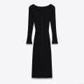 Elegant V Neck Long Sleeve Ribbed Knit Midi Dress For Women Slim Fit Button Front Side Split Polyester Bodycon Dress For Party Evening Date Office Lady