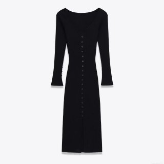 Elegant V Neck Long Sleeve Ribbed Knit Midi Dress For Women Slim Fit Button Front Side Split Polyester Bodycon Dress For Party Evening Date Office Lady
