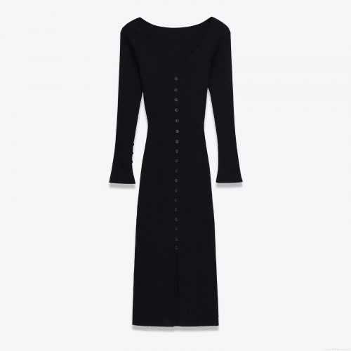 Elegant V Neck Long Sleeve Ribbed Knit Midi Dress For Women Slim Fit Button Front Side Split Polyester Bodycon Dress For Party Evening Date Office Lady