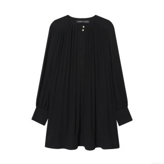 Elegant Women's Black Mini Dress Pleated Lantern Sleeve Round Neck Chiffon Dress With Gold Buttons For Vacation Party Daily Wear Fashion Short Dress