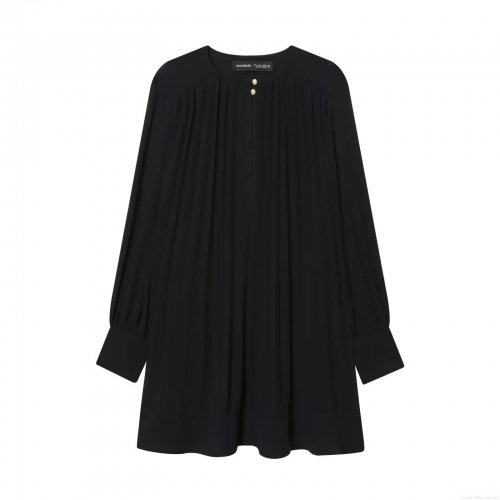 Elegant Women's Black Mini Dress Pleated Lantern Sleeve Round Neck Chiffon Dress With Gold Buttons For Vacation Party Daily Wear Fashion Short Dress