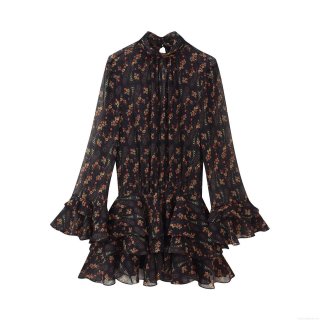 Women's Vintage Paisley Floral Print Chiffon Mini Dress Ruffle Tiered Hem Lantern Long Sleeve Stand Collar A-Line Boho Dress for Party Casual