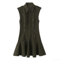 Women Military Green Sleeveless Mini Dress Double Breasted Lapel Ruffle Hem Slim Fit Elegant Polyester Casual Commute Party Dress