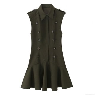 Women Military Green Sleeveless Mini Dress Double Breasted Lapel Ruffle Hem Slim Fit Elegant Polyester Casual Commute Party Dress